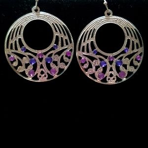 Silver Tone Costume Jewelry Round Filigree Earrings w/Purple & Pink Sequins